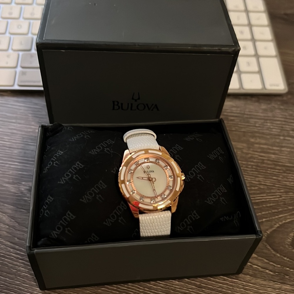 Bulova Watch white leather strap